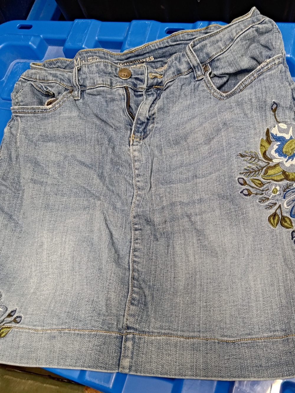 Denver Hayes Light Blue Denim Mini Skirt with Floral Embroidery